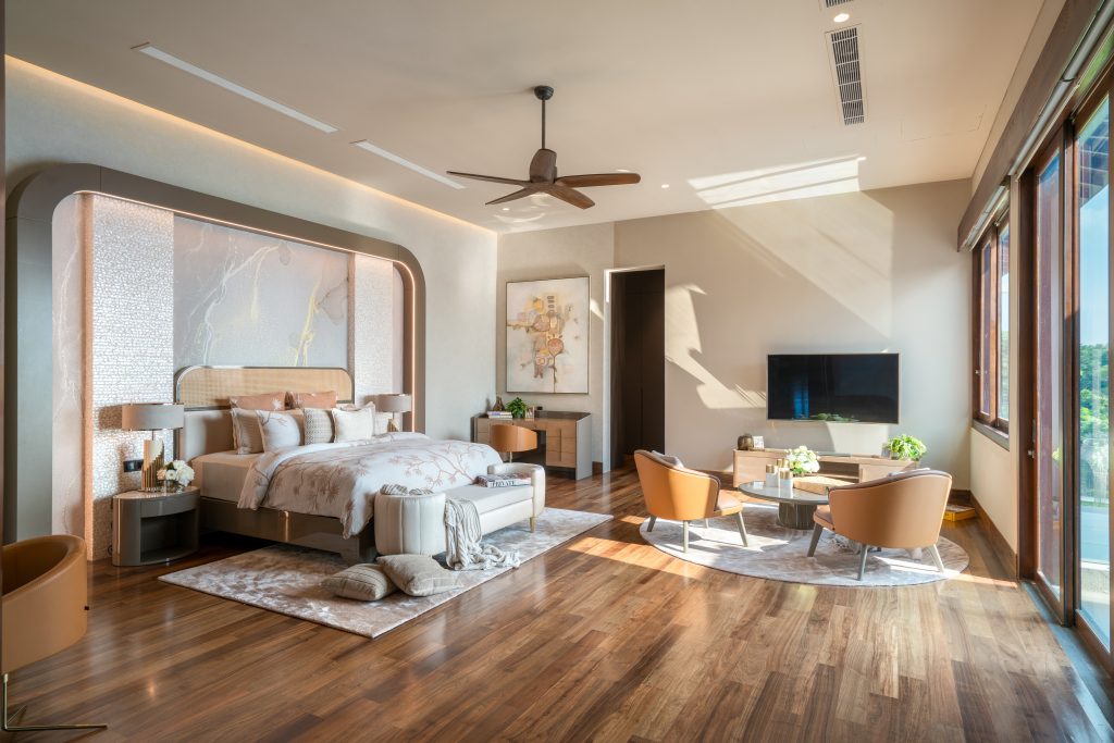 Luxury Residence in Sri Lanka, modern bedroom with neutral palette, soft lighting and refined furniture composition
