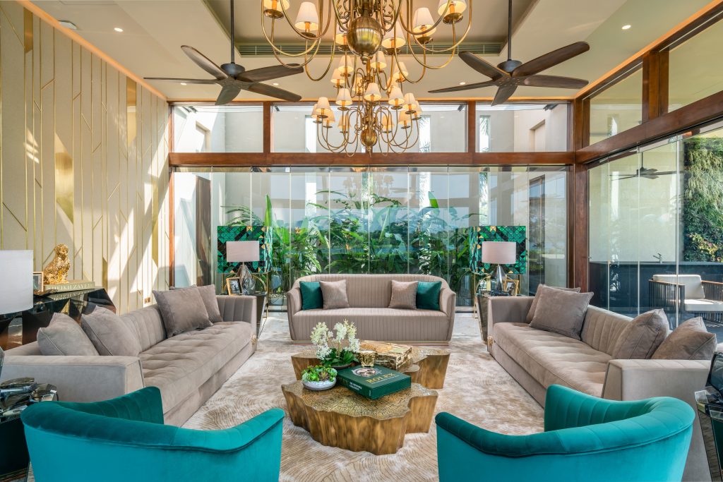 Luxury Residence in Sri Lanka, modern living room with symmetrical layout, luxury sofas and handcrafted center table