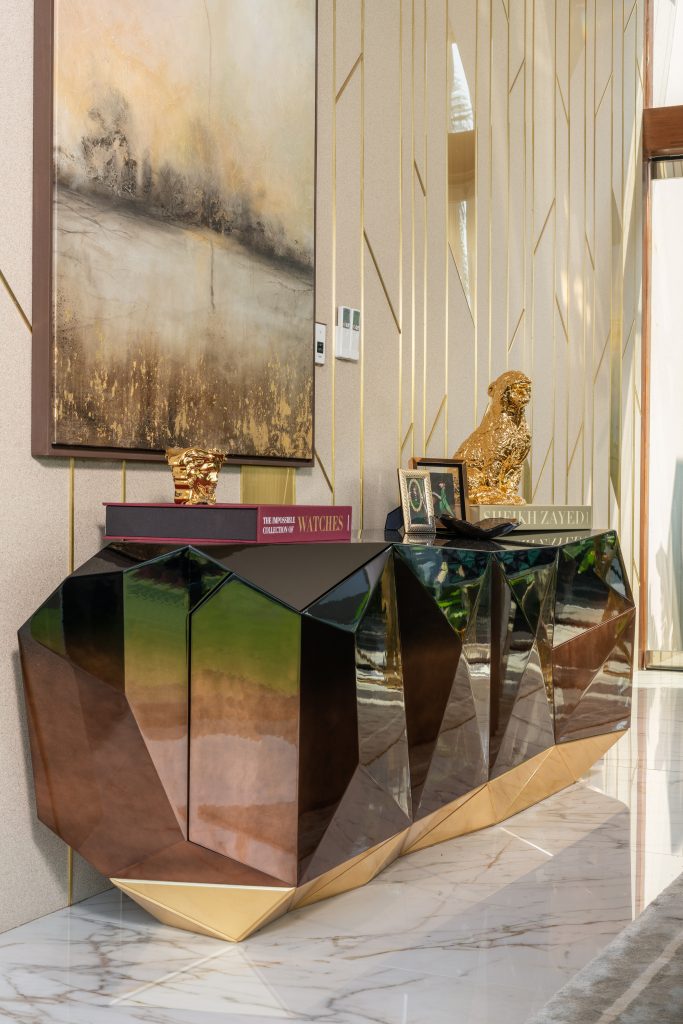 Luxury Residence in Sri Lanka, Diamond sideboard with faceted design and reflective surfaces in a refined interior setting