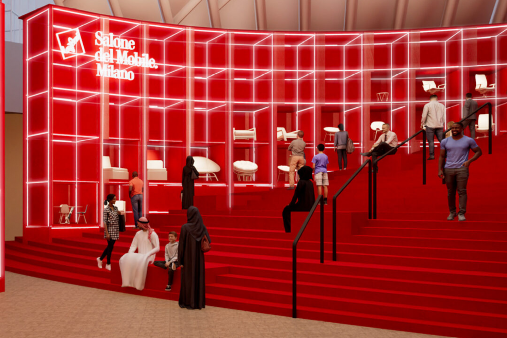 architecture events 2026, Modern red tiered seating area and furniture display at Salone del Mobile Milano, featuring a glowing grid wall and people exploring the design exhibit.