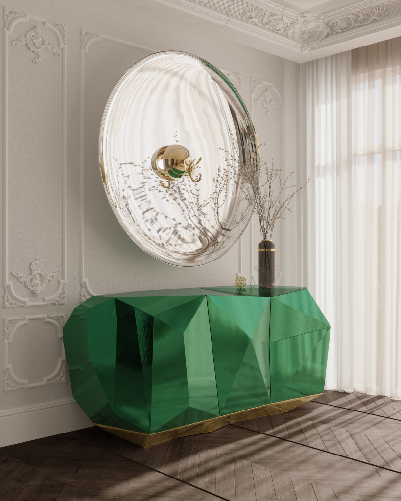 Luxury Entryways Pixel Cabinet Diamond Emerald Sideboard and Metamorphosis Mirror
