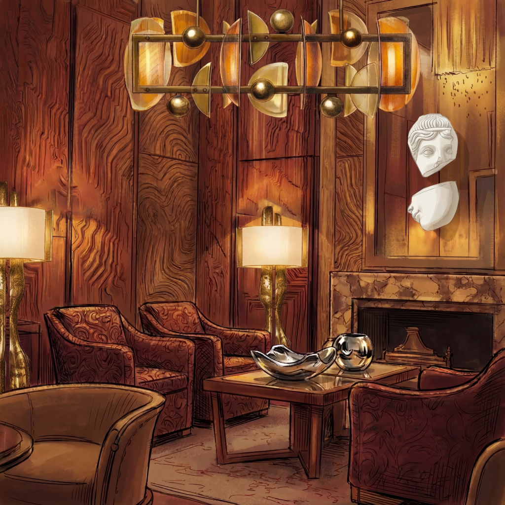 Artistic living room illustration featuring sculptural lighting, warm wood textures, statement armchairs, and collectible décor expressing immersive narrative design, Boca do Lobo in Milan.