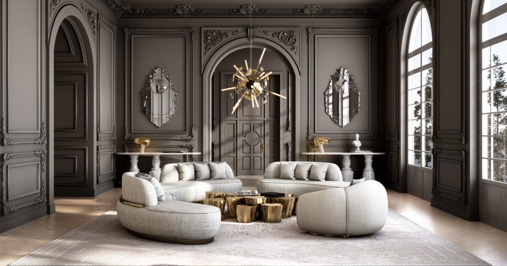 grey walls, cream sofas and arm chair, gold chandelier, wall mirrors, white consoles, gold center table milan design week