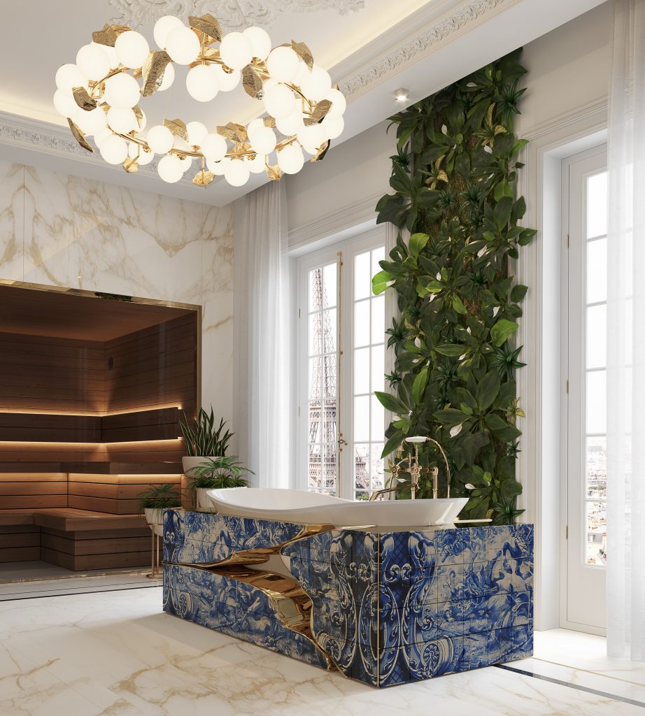 blue, white and gold bathub, whiet walls, windows, plants, Luxury Tile Furniture