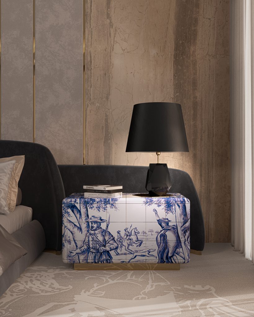 white, blue and gold nightstand, Luxury Tile Furniture, beige rug, black bed, grey wall