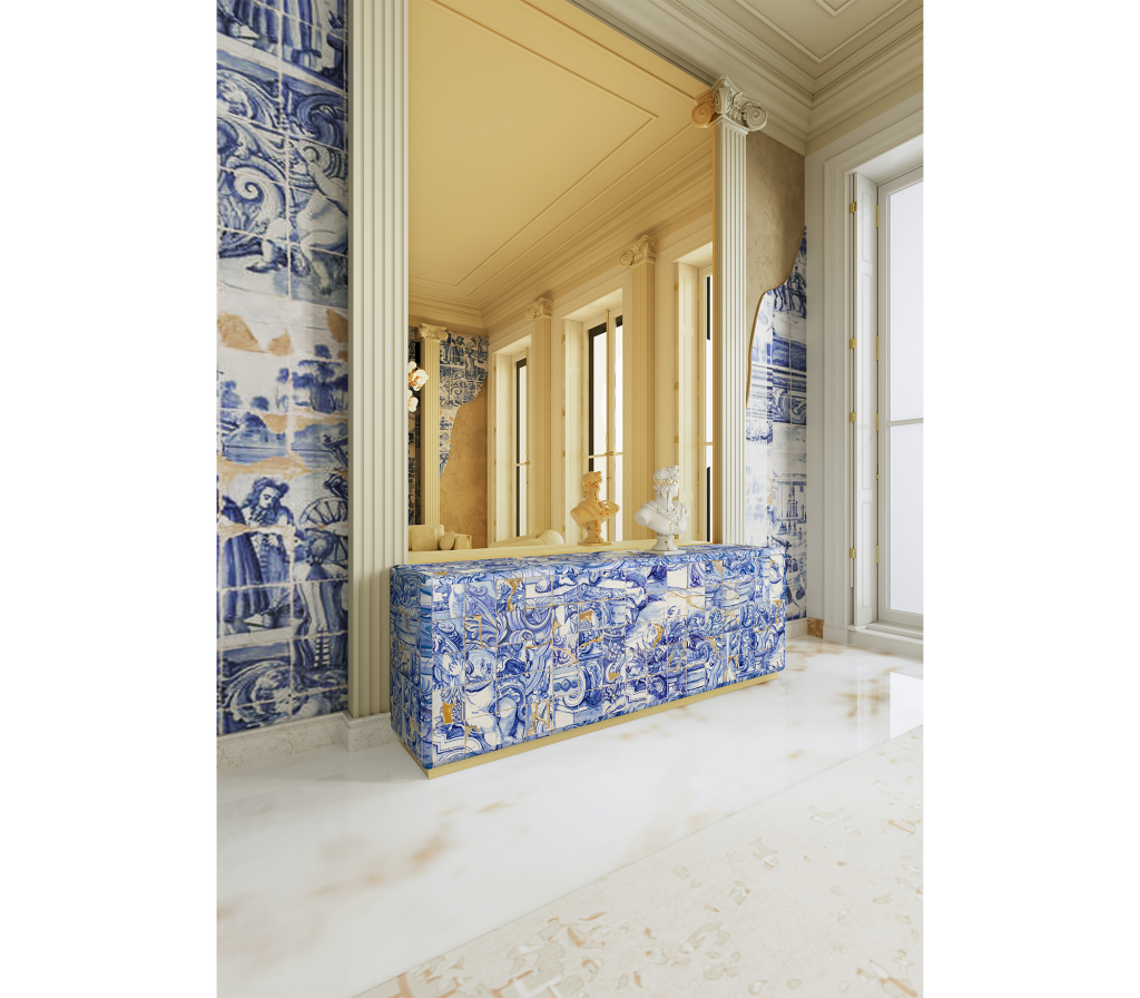 whiet and blue walls, white, blue and gold sideoard, Luxury Tile Furniture