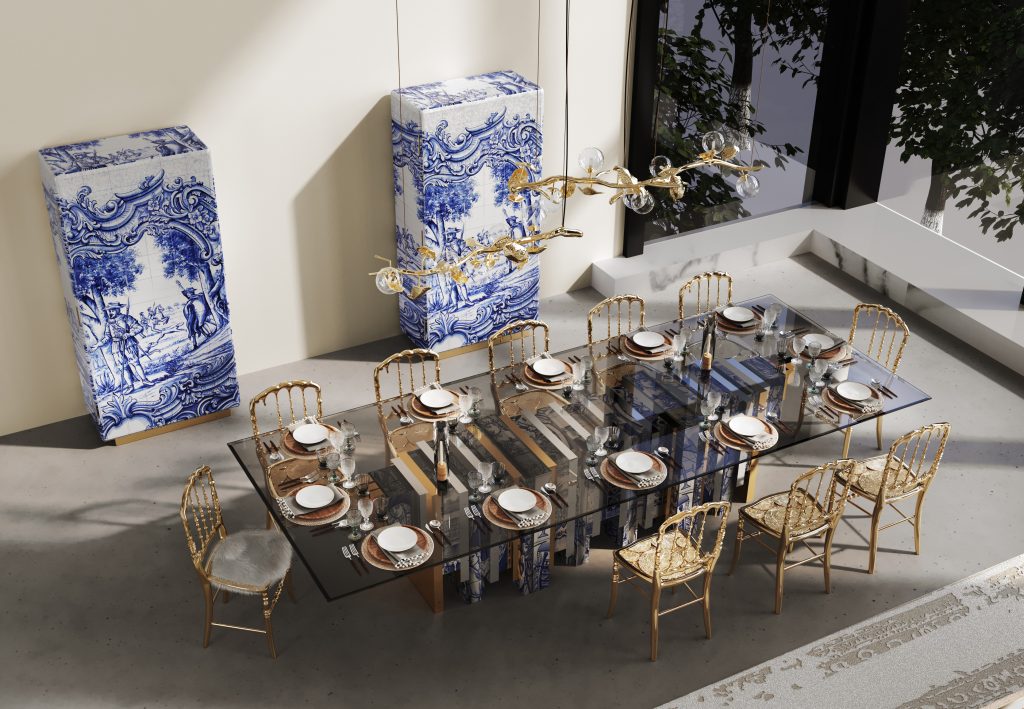 blue, white and gold cabinet, blue and white dining table, gold dining chair, gold suspension light, Luxury Tile Furniture