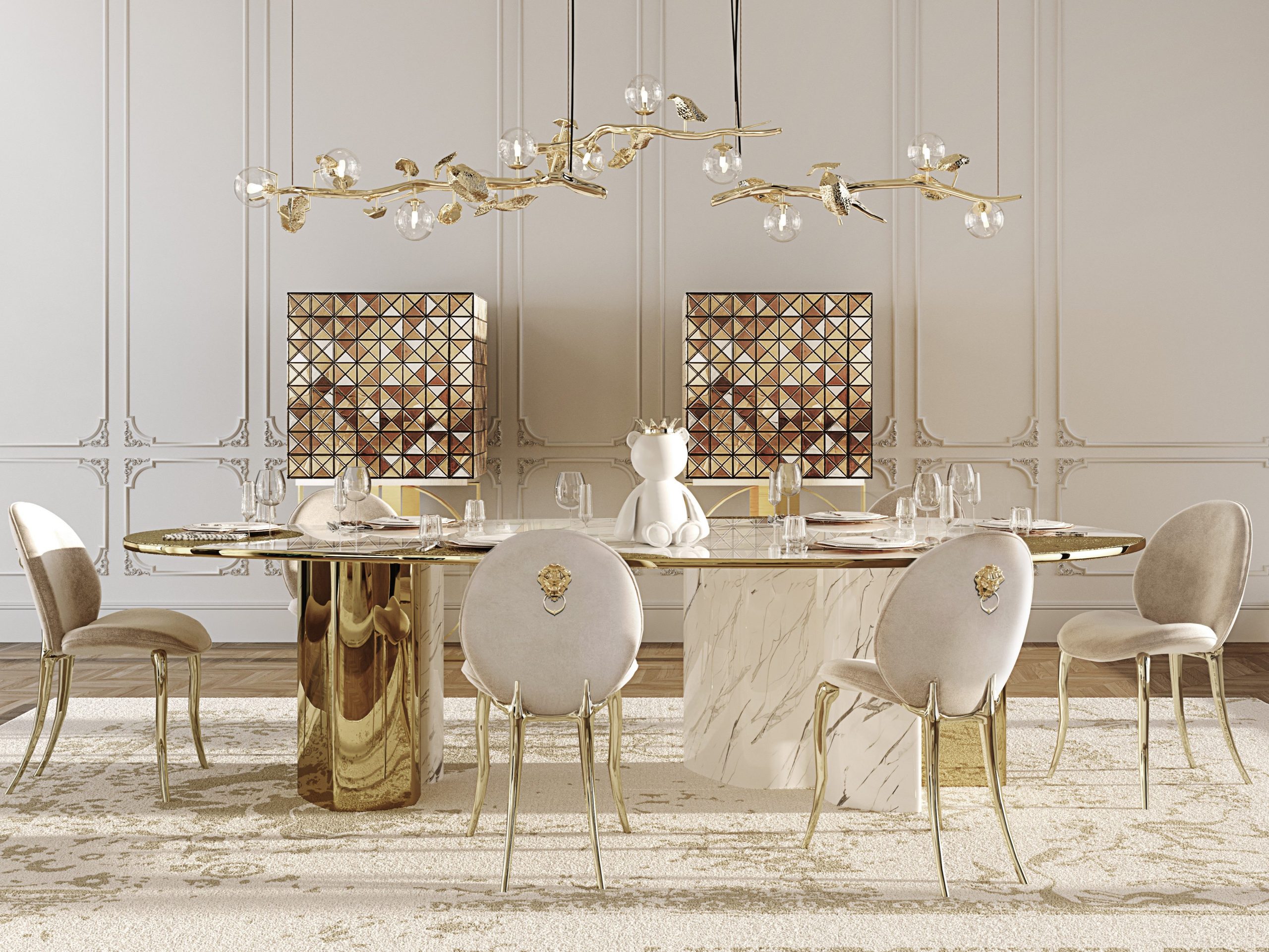 Boca do Lobo in Milan, luxury dining room featuring marble and polished brass table, upholstered chairs with gold details, and sculptural suspension lighting defining collectible design elegance.