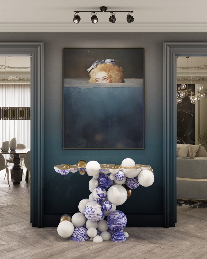 blue wall, blue paiting, white, blue and gold console, Luxury Tile Furniture