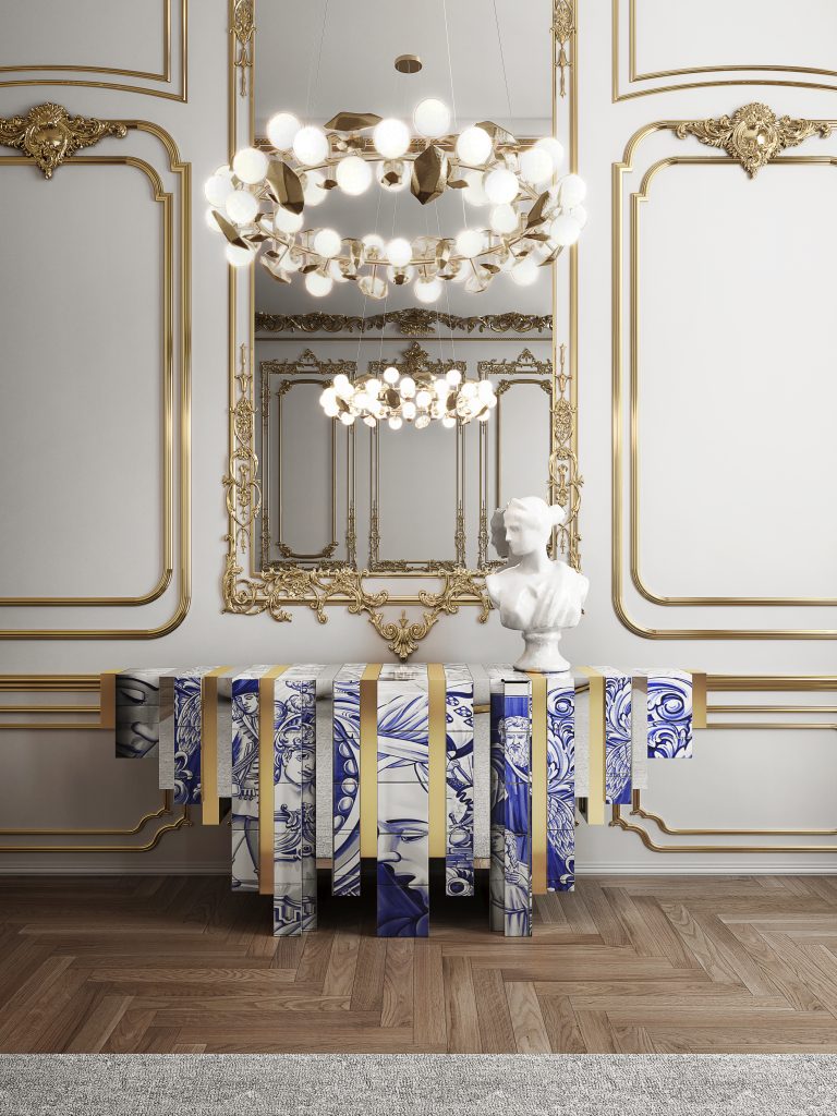 white and gold wall, wall mirror, blue, white and gold console, Luxury Tile Furniture