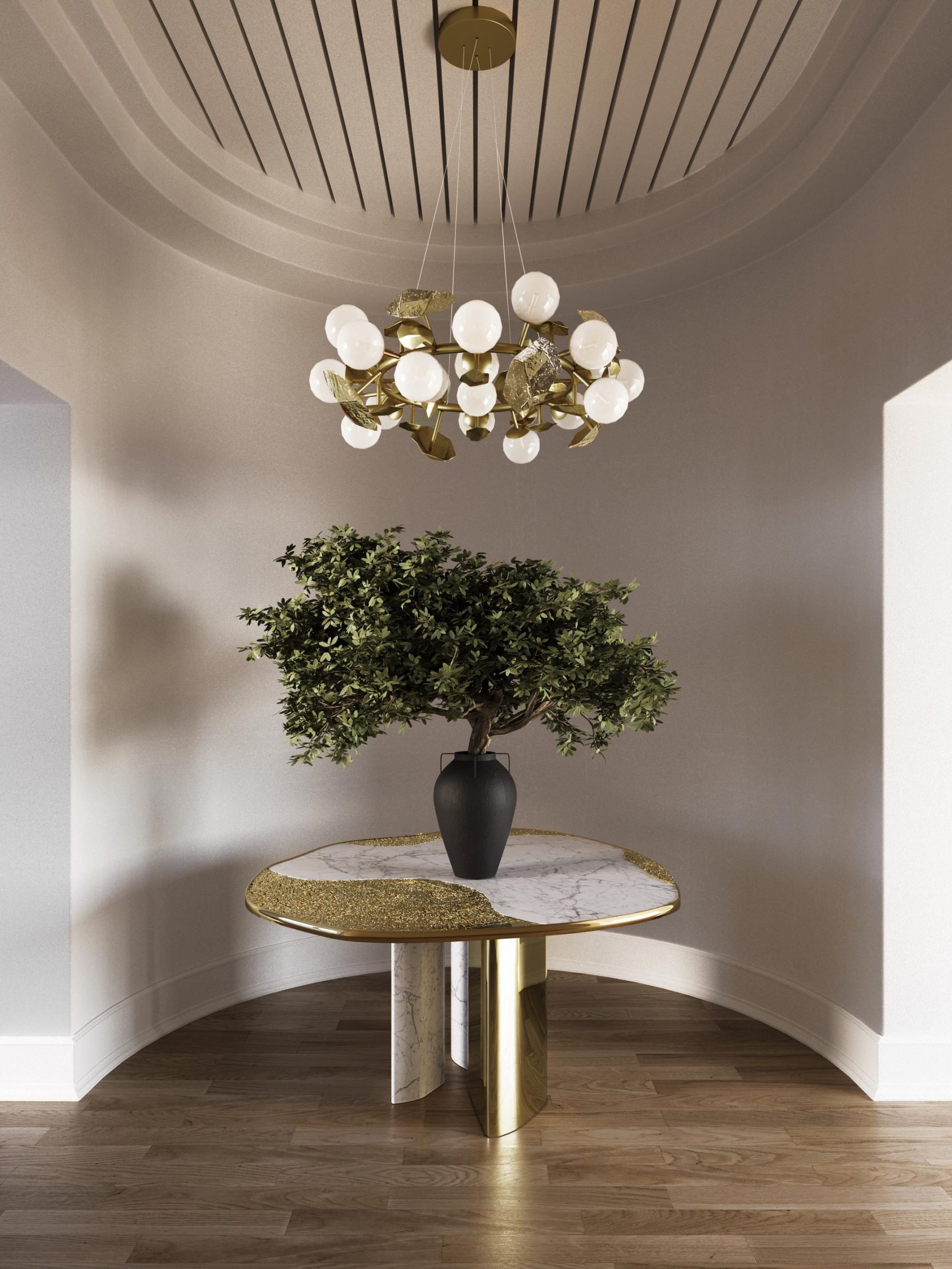 bright entryway with white marble dining table, with gold details, a gold chandelier and a plant on the ytop of the table