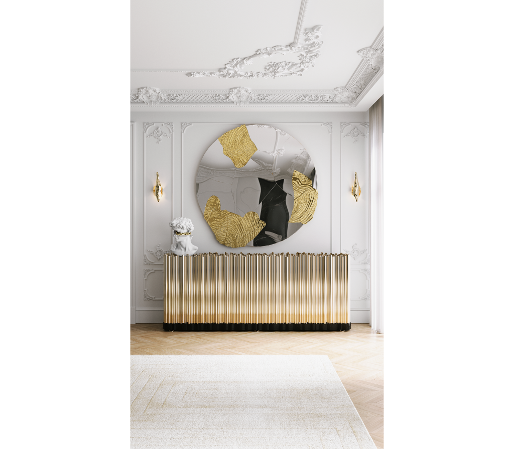 white walls, gold wall mirror, gold sideboard, gold wall lamp, milan design week
