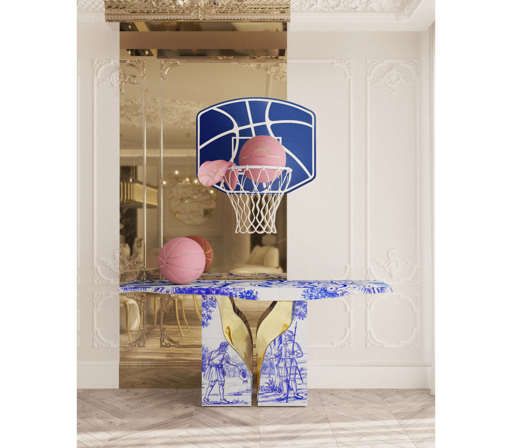 white walls, blue, white and gold console milan design week