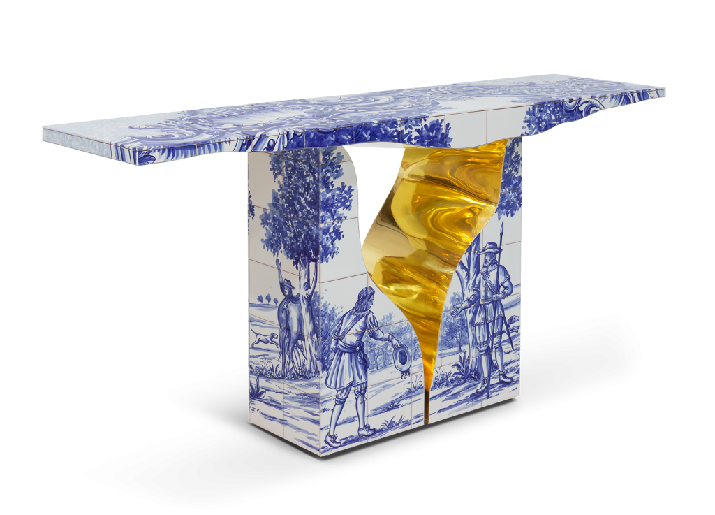 white, blue and gold console milan design week