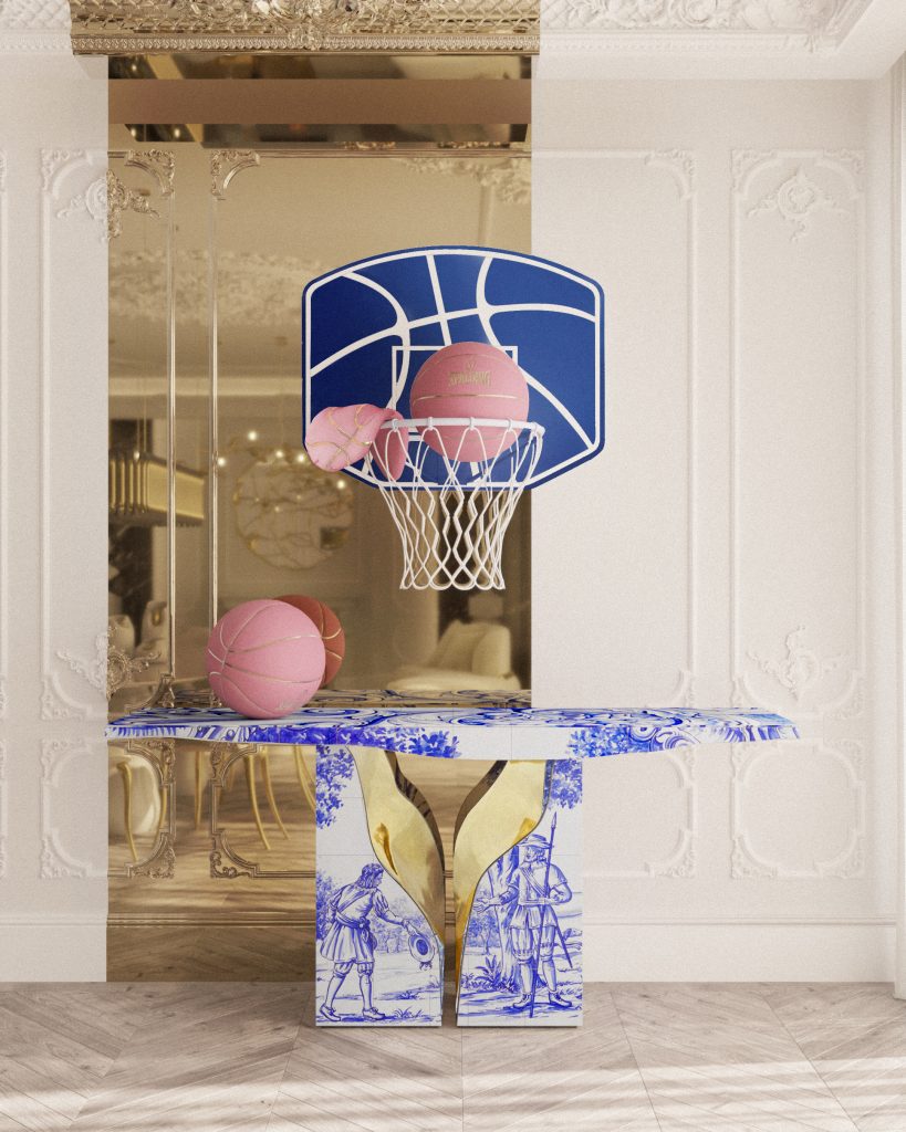 white walls, blue, white and gold console, Luxury Tile Furniture