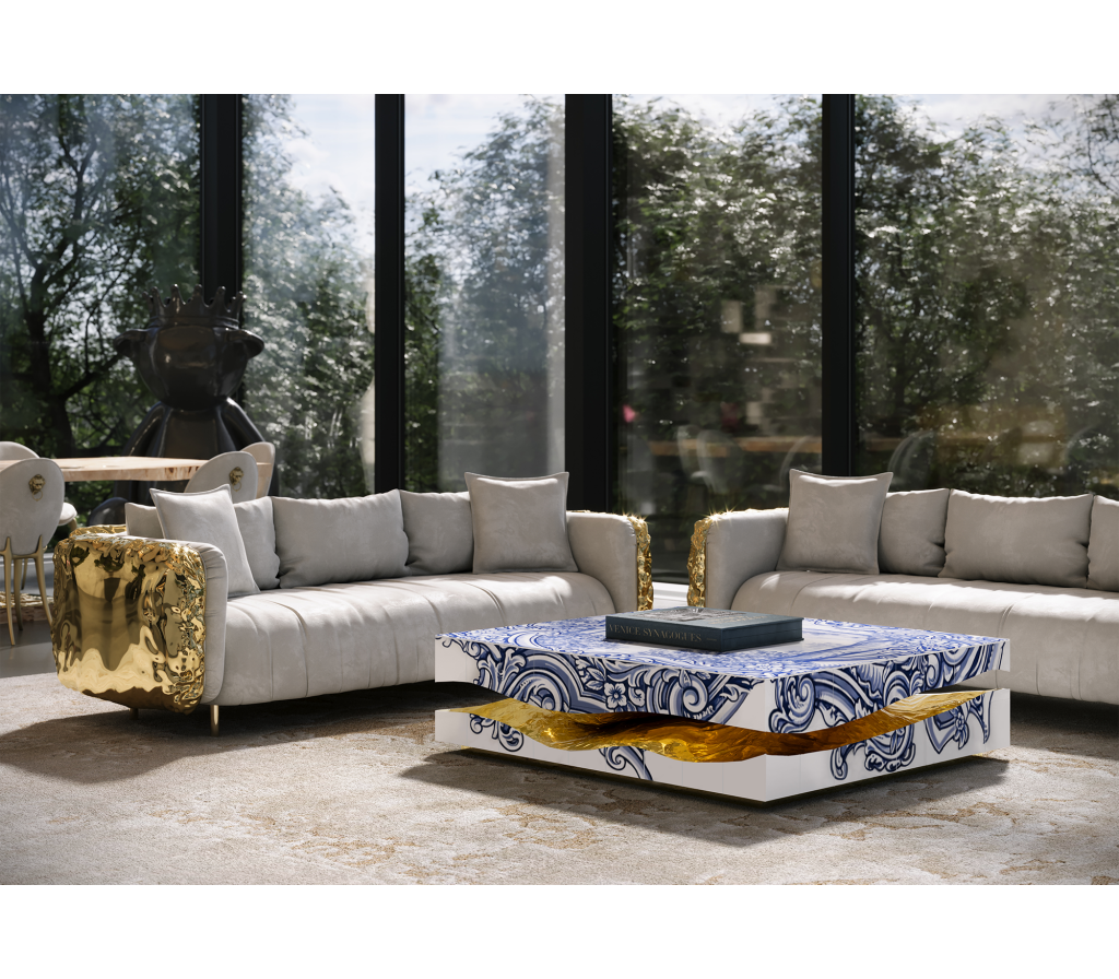 windows, cream and gold sofa, white, blue and gold center table, beige rug, milan design week