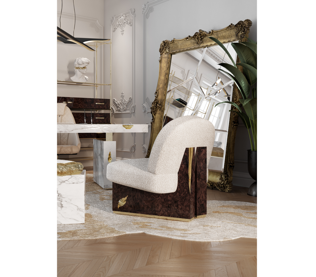 cream and brown arm chair, beige rug, wall mirror, white and gold side table, white desk, white walls, milan design week