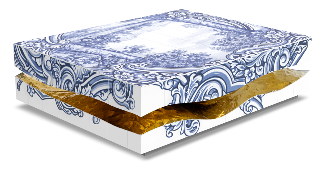 white, blue and gold center table, milan design week