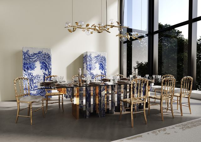 gold suspension light, blue and white cabintes, gold suspension light, gold dining chair, blue and white dining table, Luxury Tile Furniture