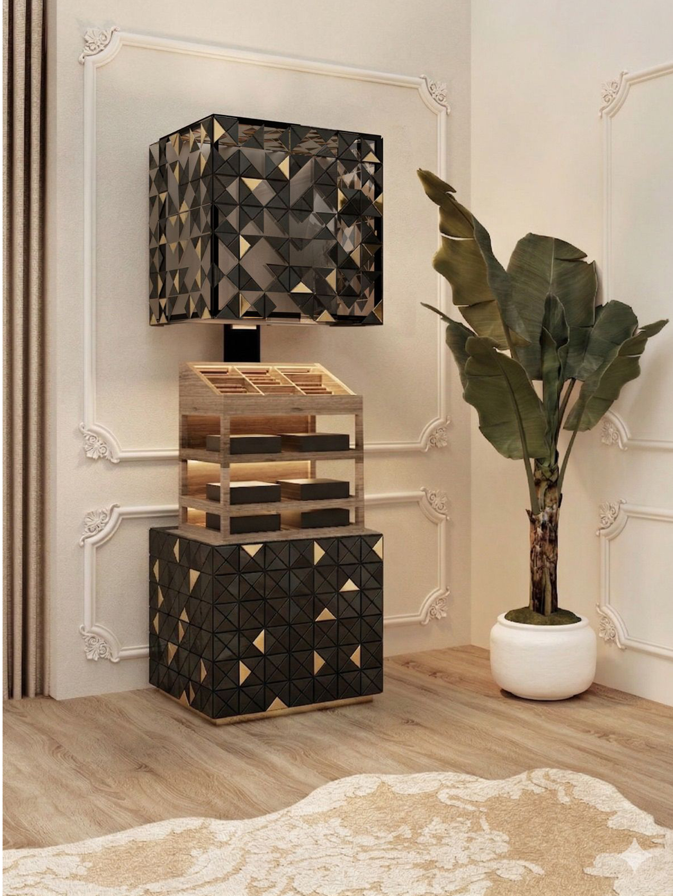 Habano Cabinet, A variation of the pixelated cabinet featuring a matte black finish with scattered gold triangular accents. The cabinet is shown open, revealing a wooden interior with lighted shelves for cigars or luxury items. It is placed in a corner with white ornamental wall panels and a tropical plant.