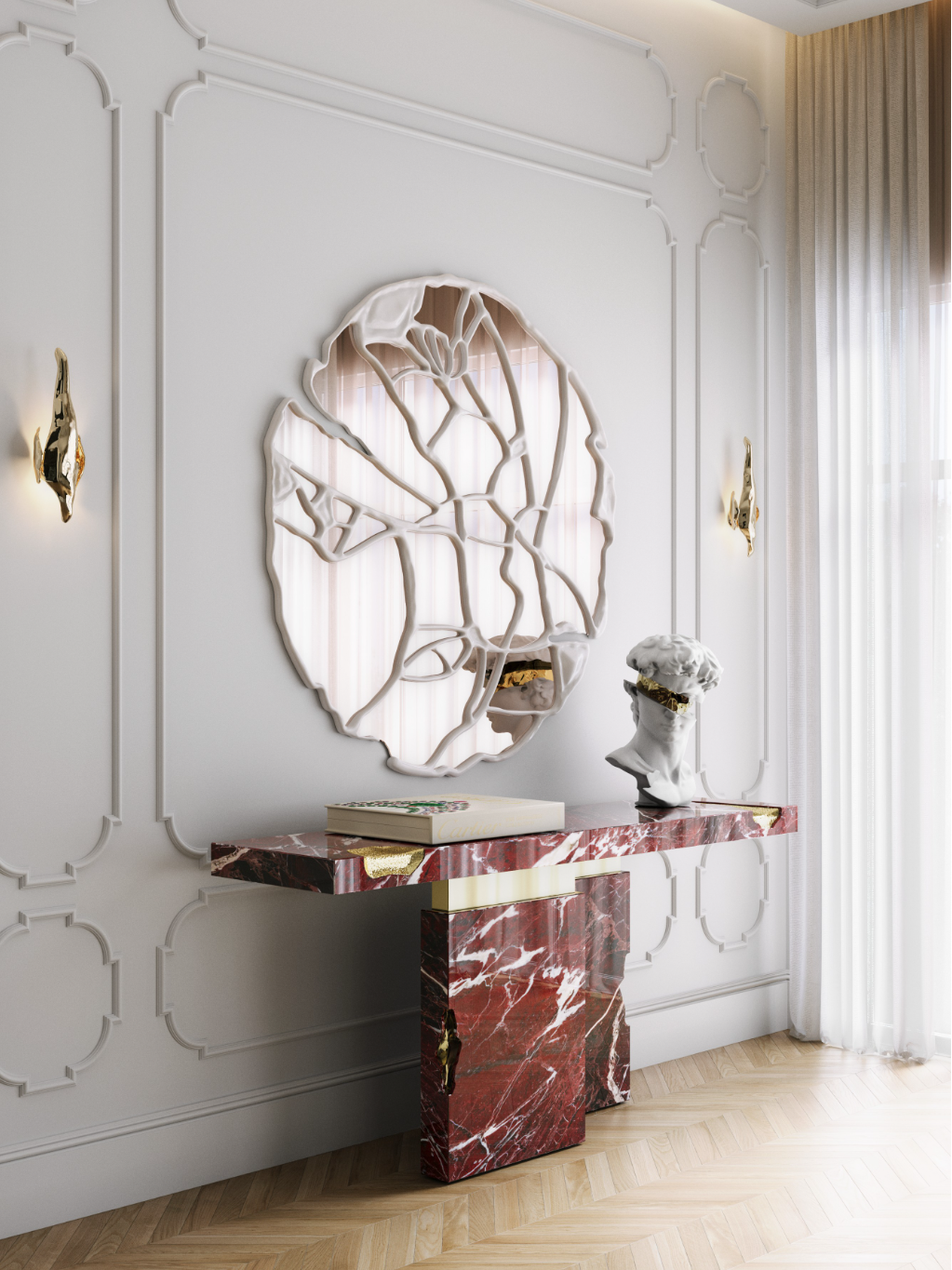 Modern entryway featuring a red marble console table with gold details and a fragmented decorative wall mirror, Levanto Rosso Marble