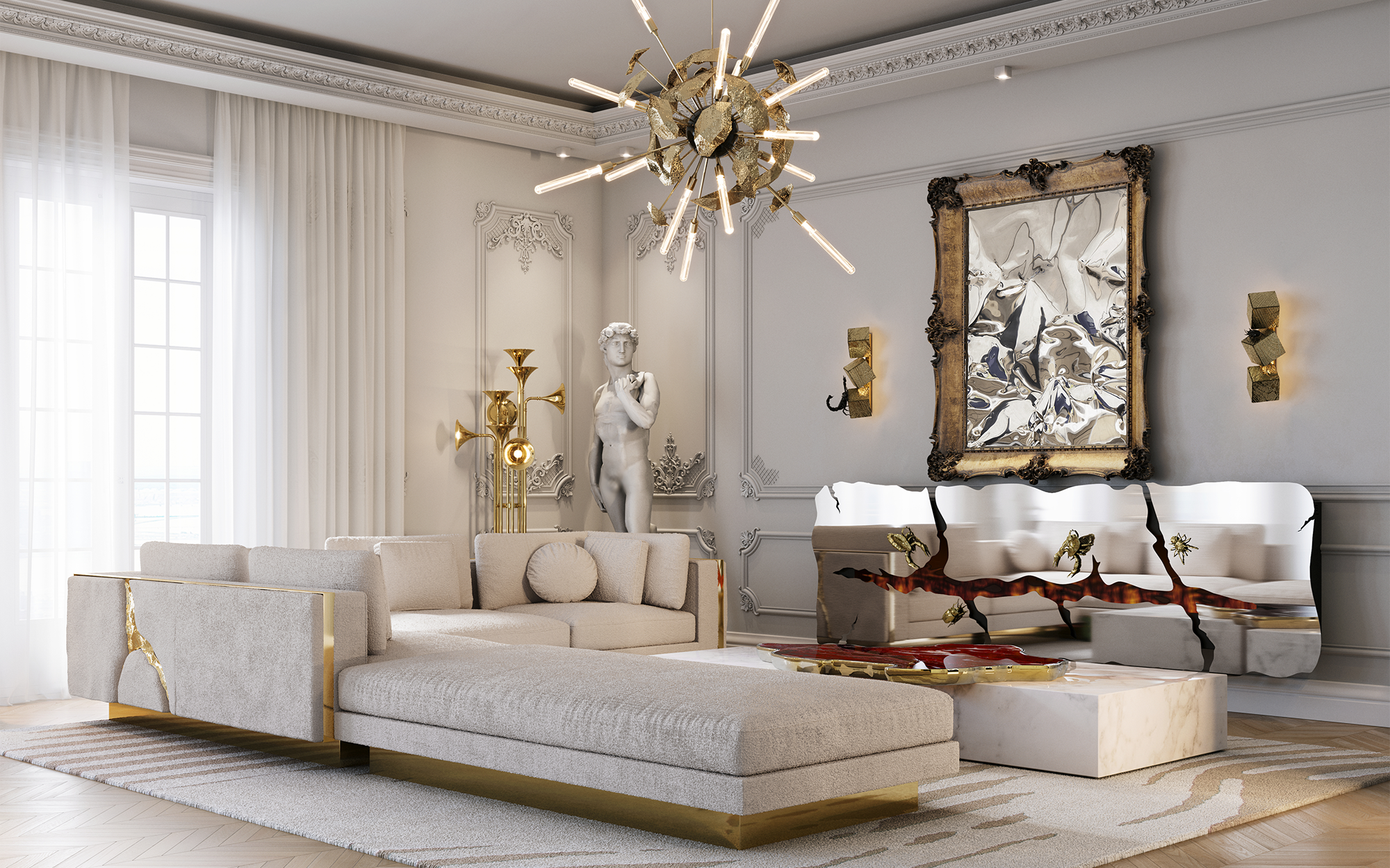 luxury living room with metamorphosis fireplace