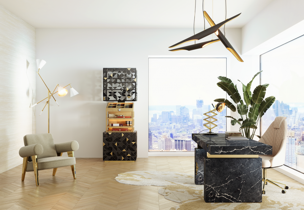 Habano Cabinet, A sophisticated home office featuring the black and gold pixelated cabinet against a white wall. The room includes a large black marble desk with gold inlay, a cream-colored leather desk chair, and a unique gold floor lamp. Large windows offer an expansive view of a metropolitan city.