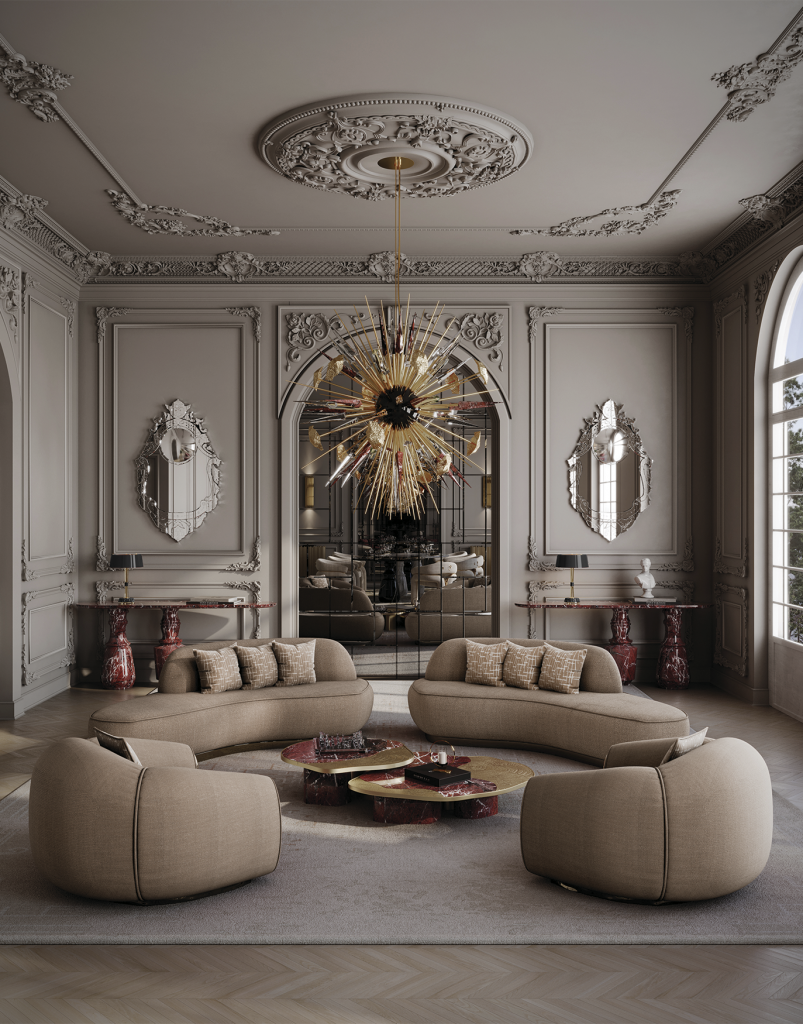 Luxury living room with beige curved sofas, a sunburst gold chandelier, and Rosso Levanto marble accents, Levanto Rosso Marble