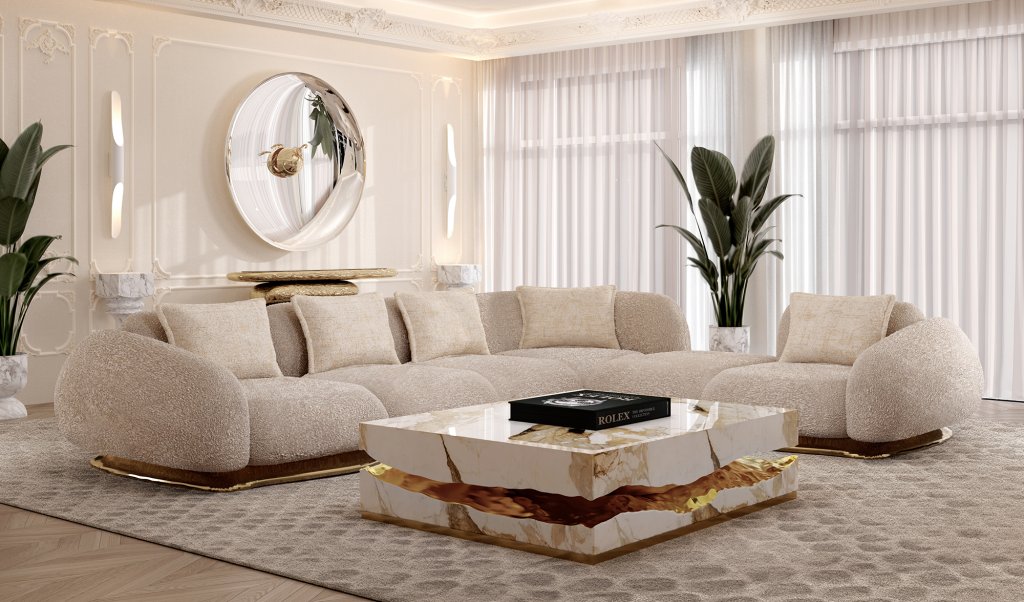 Elegant light-toned living room featuring a curved cream boucle sofa and a white marble coffee table with a gold textured center, Quarry Tiles Center Table