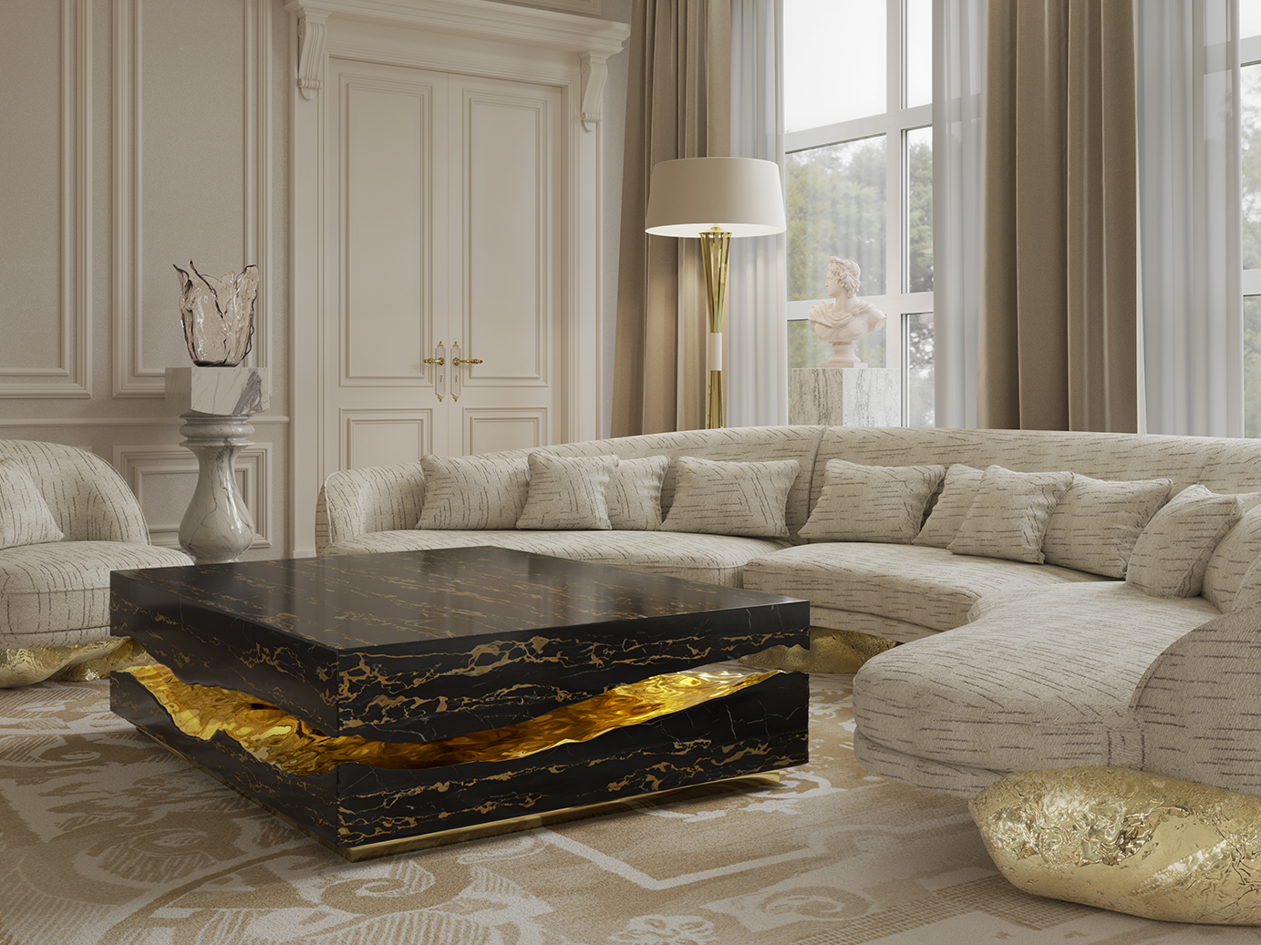 Luxurious living room with a large curved cream sofa and a black marble coffee table that has a jagged gold fissure through the center., Quarry Tiles Center Table