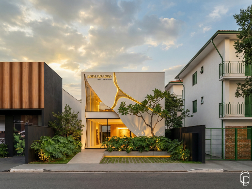 Modern Boca do Lobo Spektra Design storefront facade at dusk with sculptural gold branch lighting and lush tropical landscaping. showroom de luxo em sao paulo
