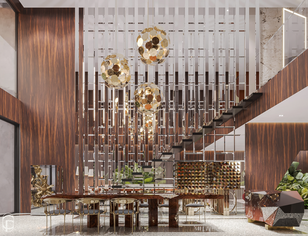 Elegant dining room with a dark wood table, gold-framed chairs, mirrored slat wall, spherical gold pendant lights, and a floating staircase. showroom de luxo em sao paulo