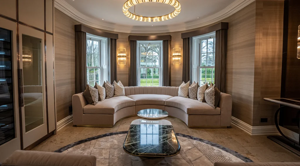 Elegant curved living room nook with a beige velvet semi-circular sofa, oval marble coffee tables, three arched windows with grey drapery, and a ring-shaped crystal chandelier kunal trehan