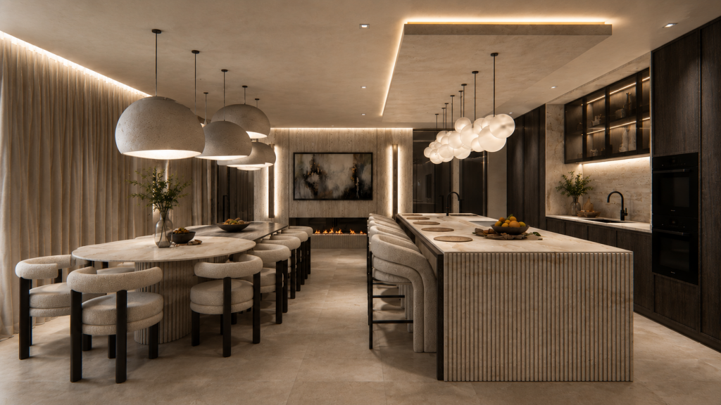 Luxury open-plan kitchen and dining area with an oval stone dining table, cluster of round bubble pendant lights, linear fireplace, ribbed stone kitchen island, and dark wood cabinetry with integrated ambient lighting kunal trehan