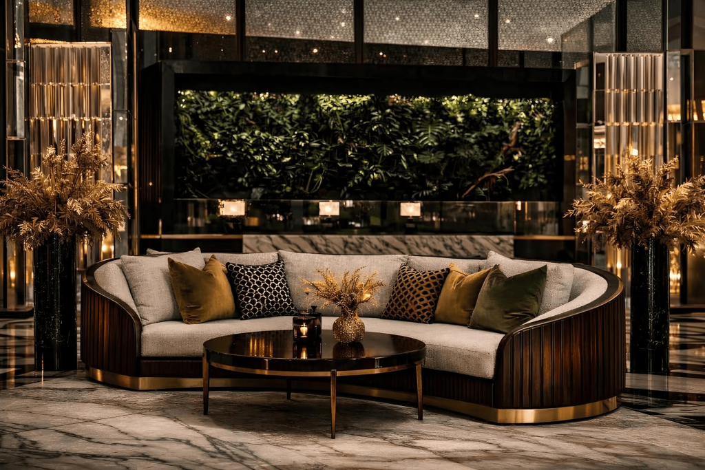 An opulent and luxurious hotel lobby setting with polished marble floors and faceted mirrored walls. A large, two-tone curved sofa, featuring light grey fabric upholstery and a slatted dark wood outer frame with a brass base, dominates the center. Velvet cushions in mustard, olive green, and black with a geometric pattern adorn the sofa. A round black high-gloss coffee table with thin brass legs holds floral arrangements and candles. Large vases of dried golden botanicals on black mirrored columns frame the seating area. A lush living green wall serves as a dramatic backdrop. luxury furniture
