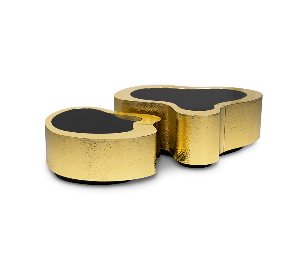 Organic hammered brass coffee table with black glass top, two-piece nesting set-melbourne house