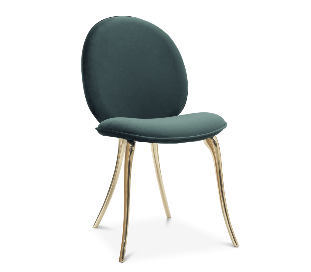 Teal velvet dining chair with curved gold cabriole legs, Soleil chair- warm oasis