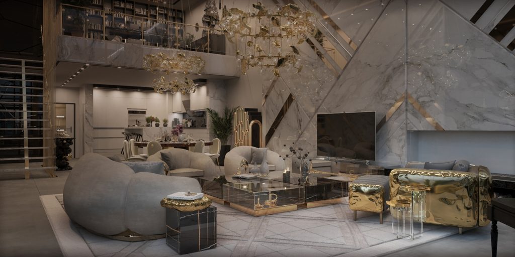 Luxury penthouse living room with modern gray sofas, gold statement furniture, and high ceilings.