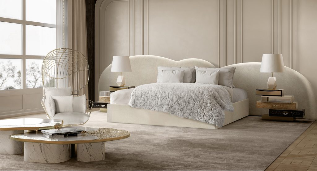 Luxurious bedroom featuring the Cloud Bed, Frank Nightstands, and Ophelia Center Table, complemented by cloud-shaped lighting and elegant gold accents.