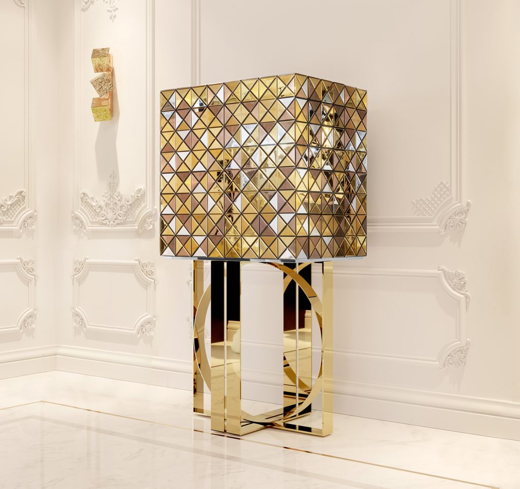 Elegant luxury foyer featuring the geometric Pixel Cabinet and Cubic Sconces Big Wall Lamp against ornate white walls and polished marble flooring.