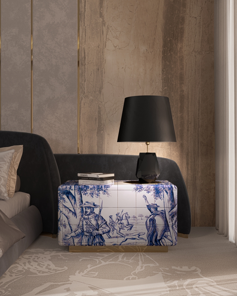 luxury bedrooms - black bed, books, black table lamp and nightstand with typical Portuguese white and blue tile design