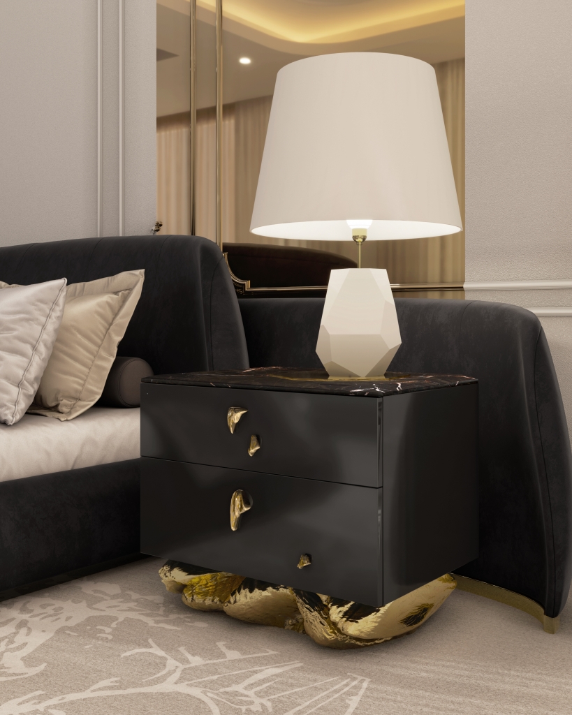 black bed, cream cushions, black nightstand with gold details and white table lamp Luxury Bedroom Furniture in Egypt: A Modern Design Oasis