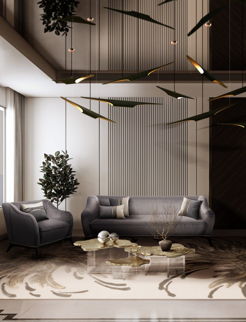 coffee tables - minimalist living room, white walls, black and gold hanging lamps, gray sofas, plants and gold coffee table with decorative items