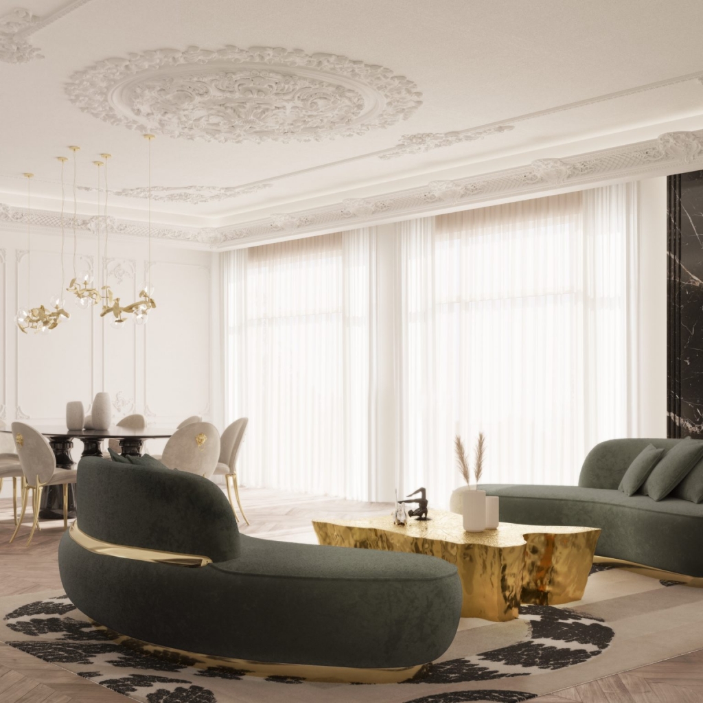 coffee tables- living and dining room, black dining table and cream and gold chairs, white curtains, brown carpet with a design, gray sofas with gold details and gold coffee table and decorative items