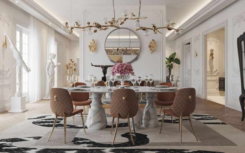 Dining table designs, dining room with white marble table, brown and gold chairs, gold lamp, sideboard, and mirror