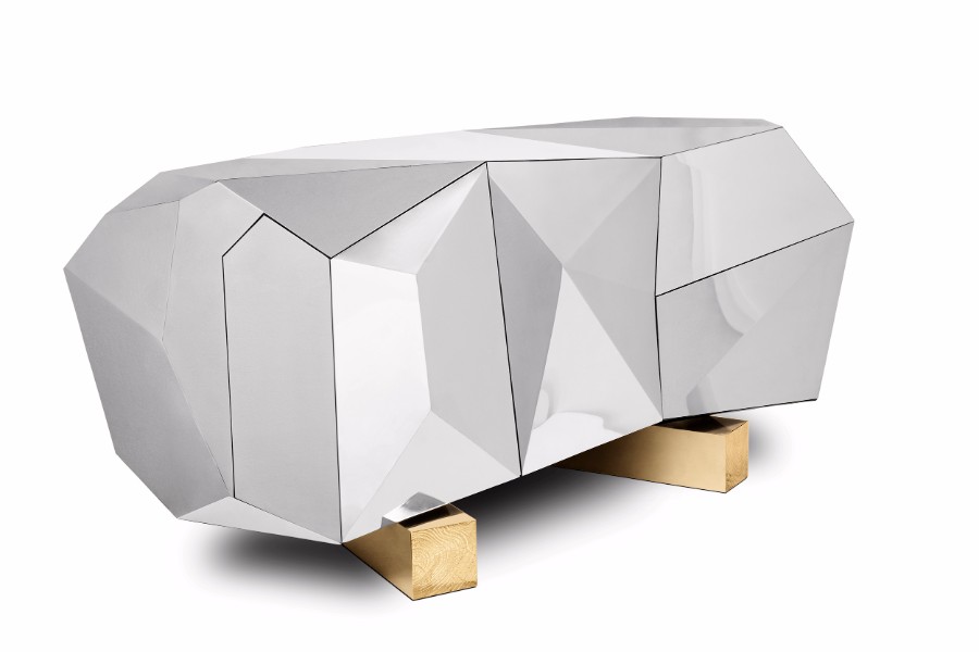 Luxury modern sideboard with a faceted geometric design inspired by pyrite stone, featuring a metallic finish and handcrafted details by Boca do Lobo.