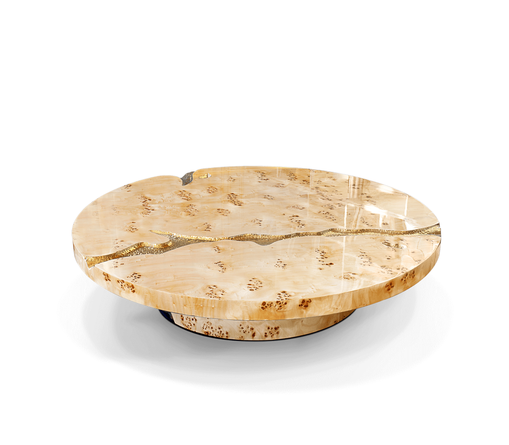 greg natale - round center table in structure wood and gold hammered brass centre detail