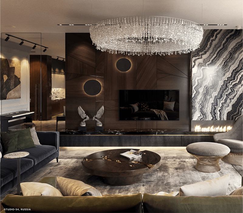 50 luxury center tables - living room with green and dark grey sofa with wooded center table with gold details