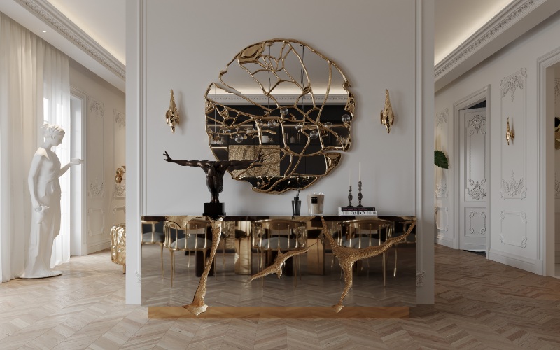 Luxury Entryway with the Lapiaz Sideboard and the Glance Mirror by Boca do Lobo Modern Mirrors for your Home Decor