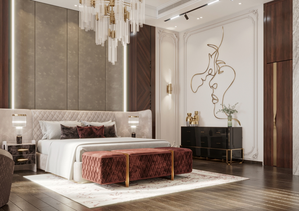 A modern interior design with a nude velvet bed, a two green velvet stool, and a luxury chandelier in gold details